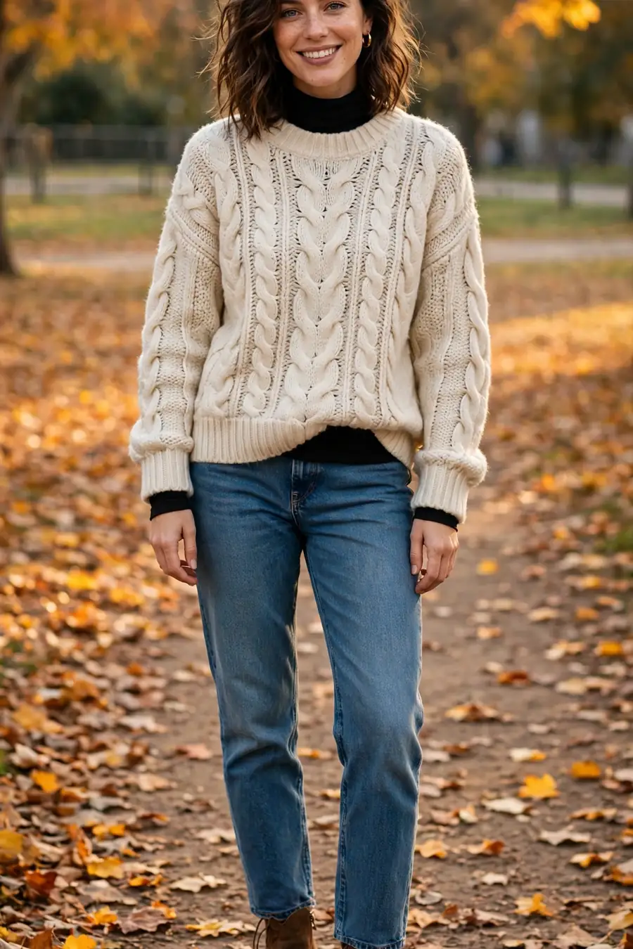 Black turtleneck layered under a chunky cream knit sweater with jeans