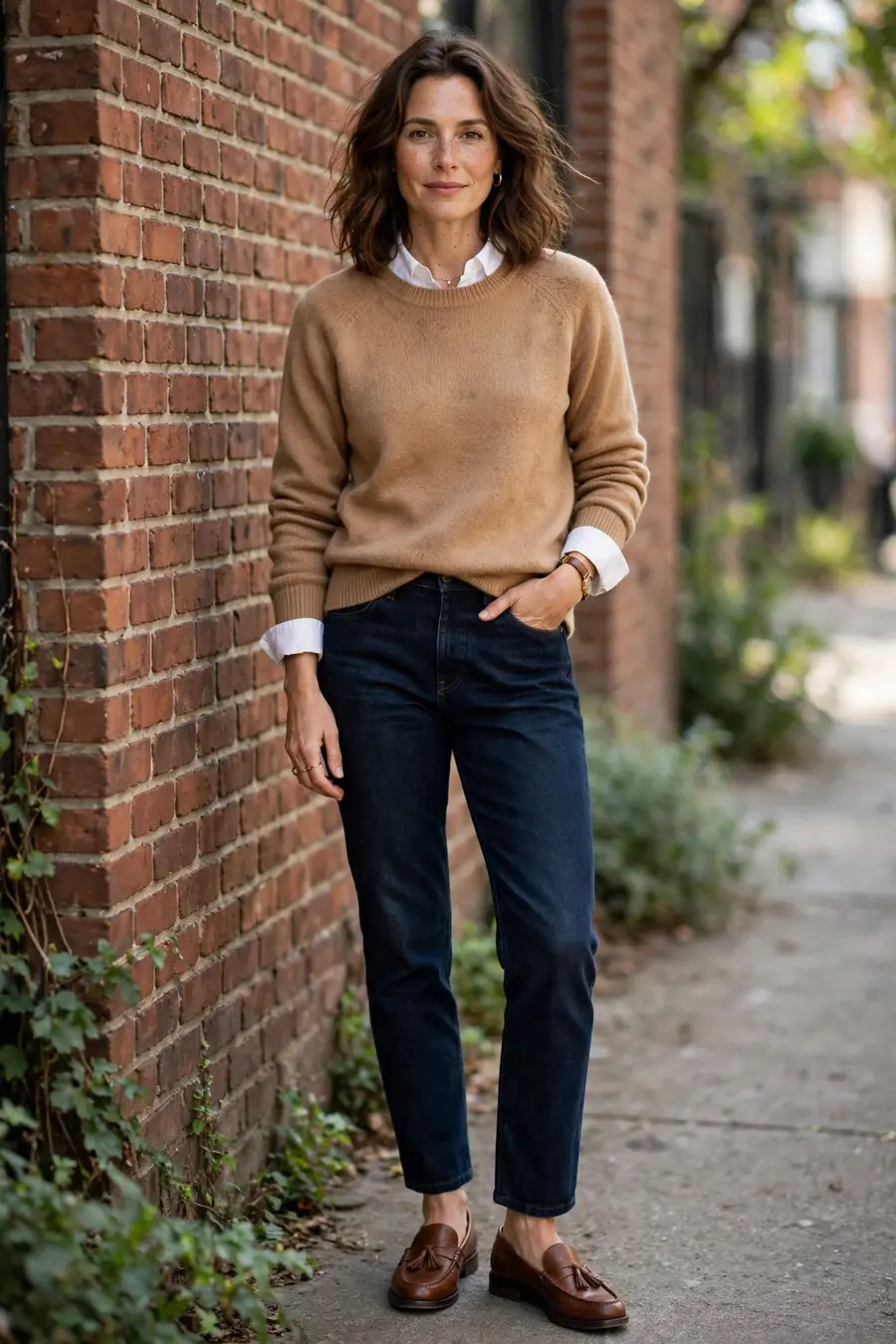 White button down shirt with collar and cuffs showing under a camel knit sweater