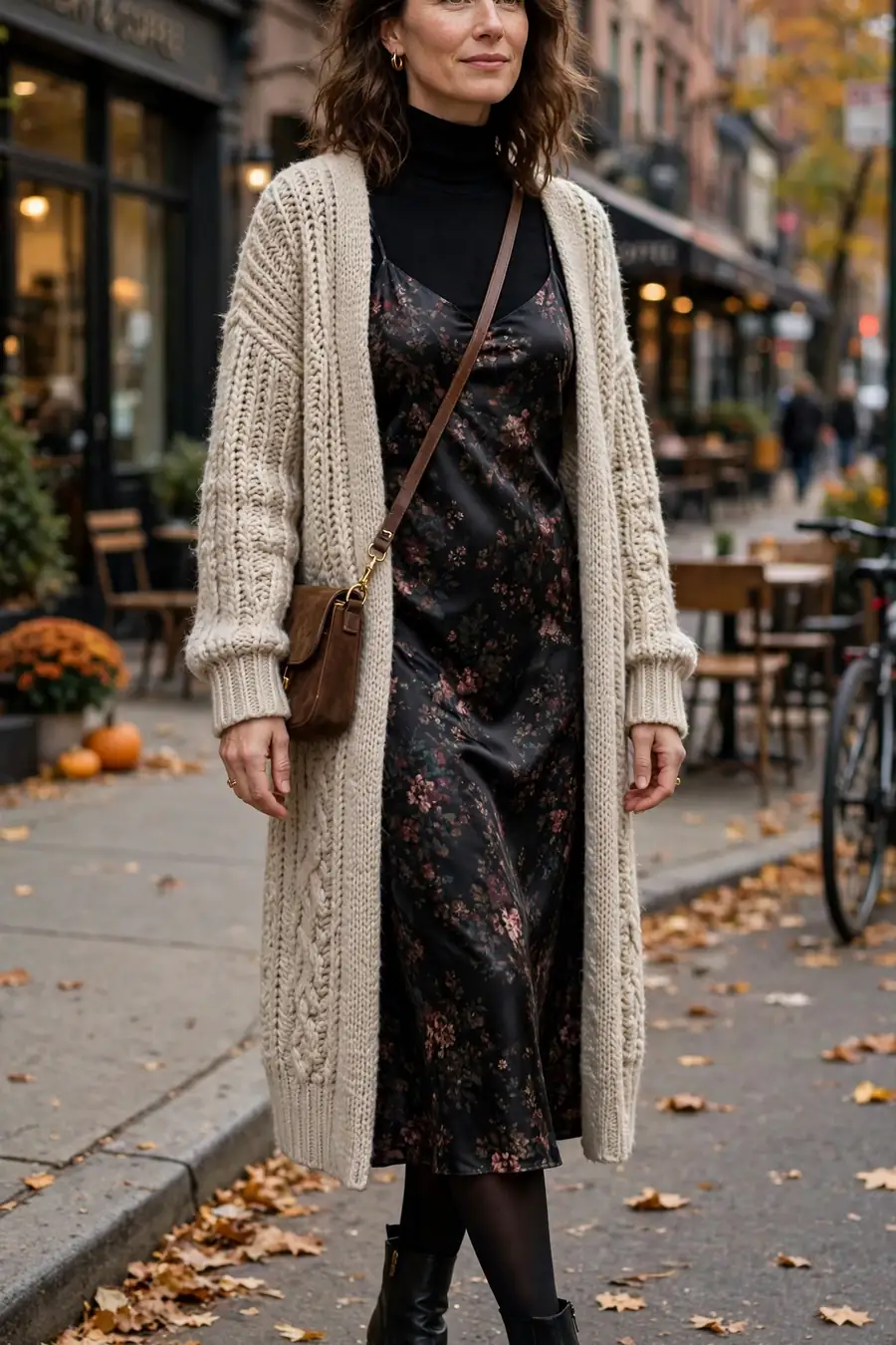 Floral slip dress worn over a black turtleneck with an open long cardigan