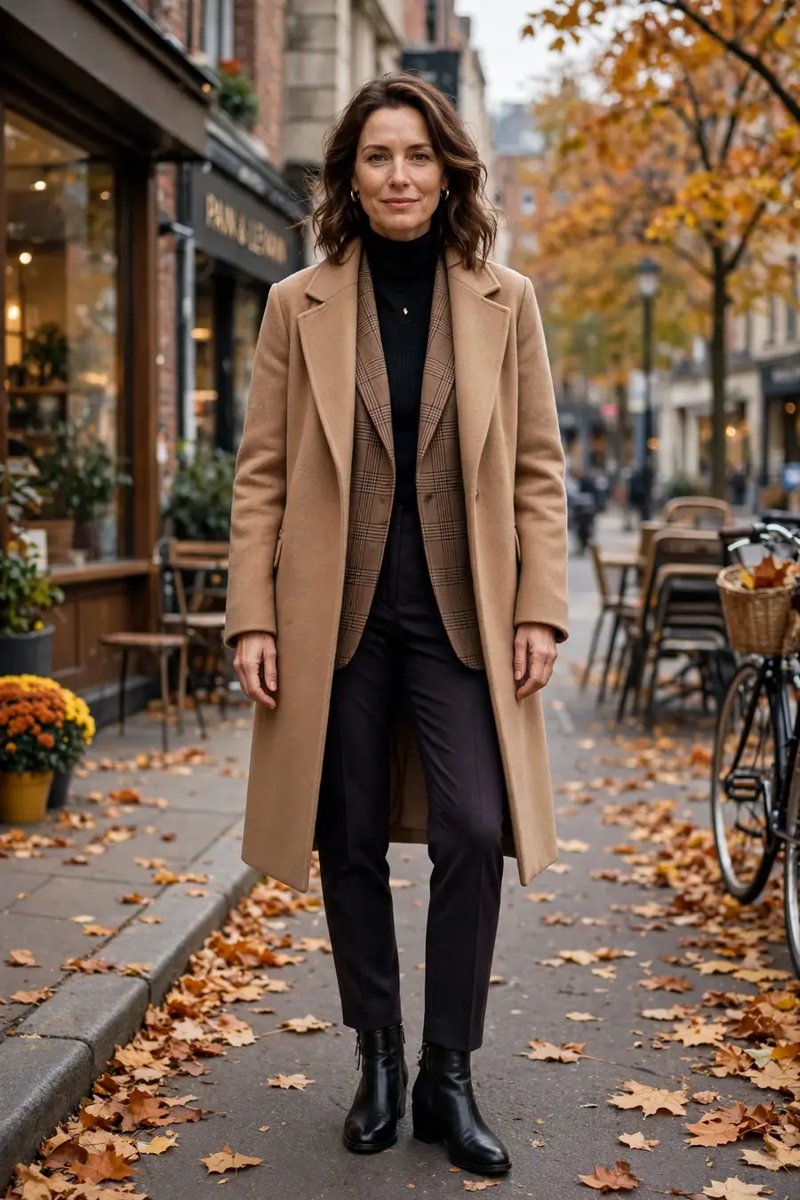 Camel wool coat worn open over a plaid blazer and dark trousers
