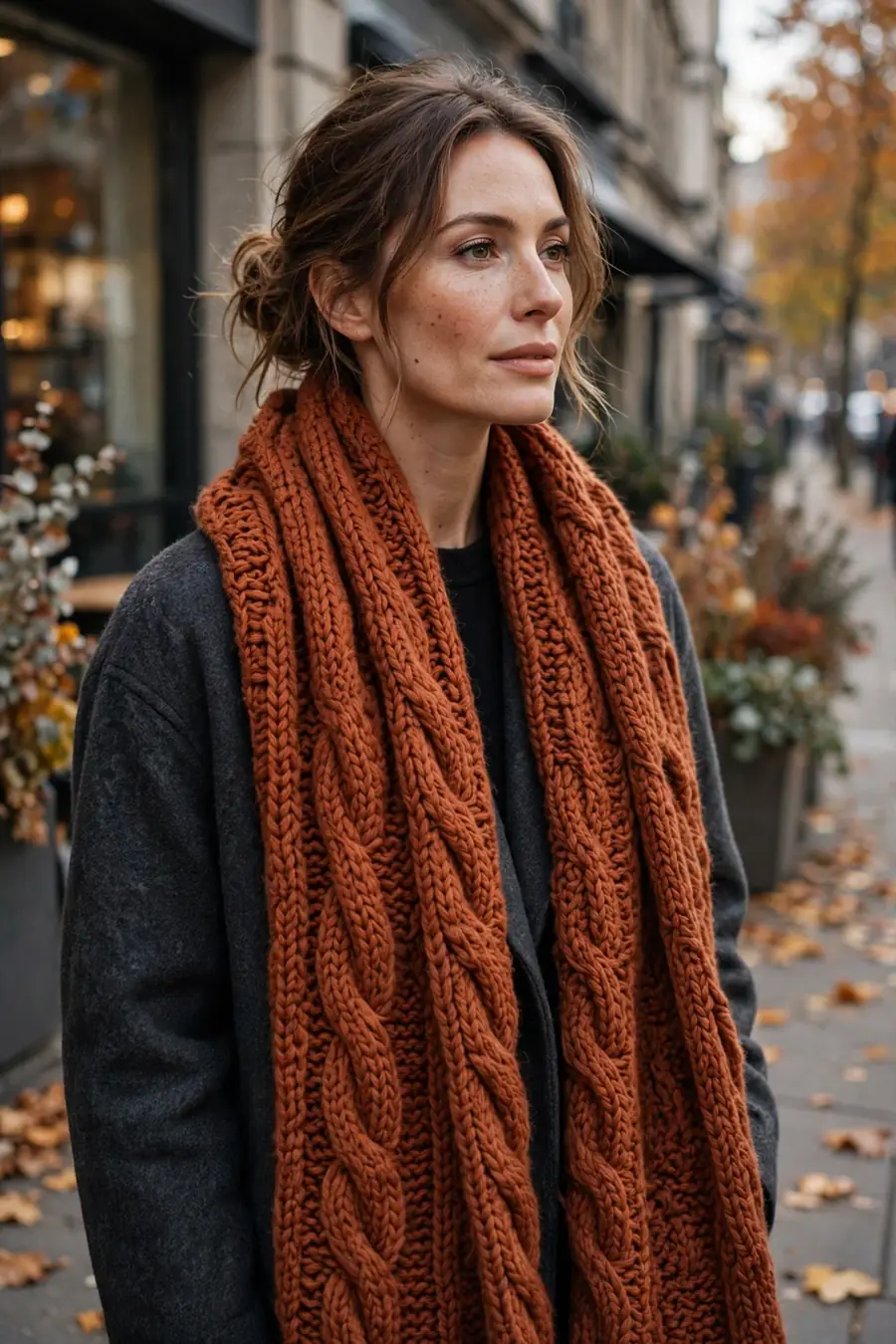 Oversized rust knit scarf wrapped over a charcoal wool coat