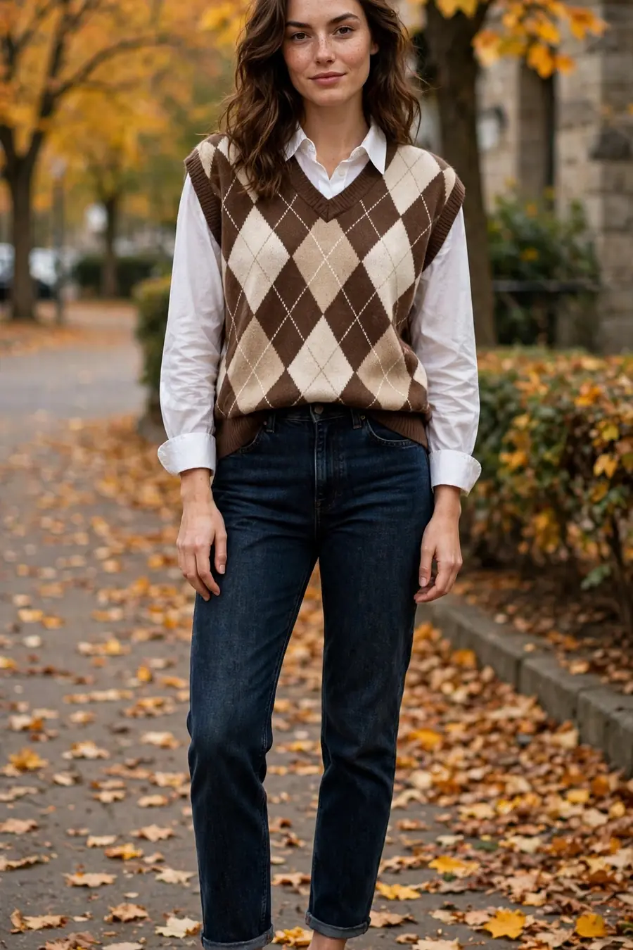 Argyle sweater vest layered over a crisp white shirt with dark jeans