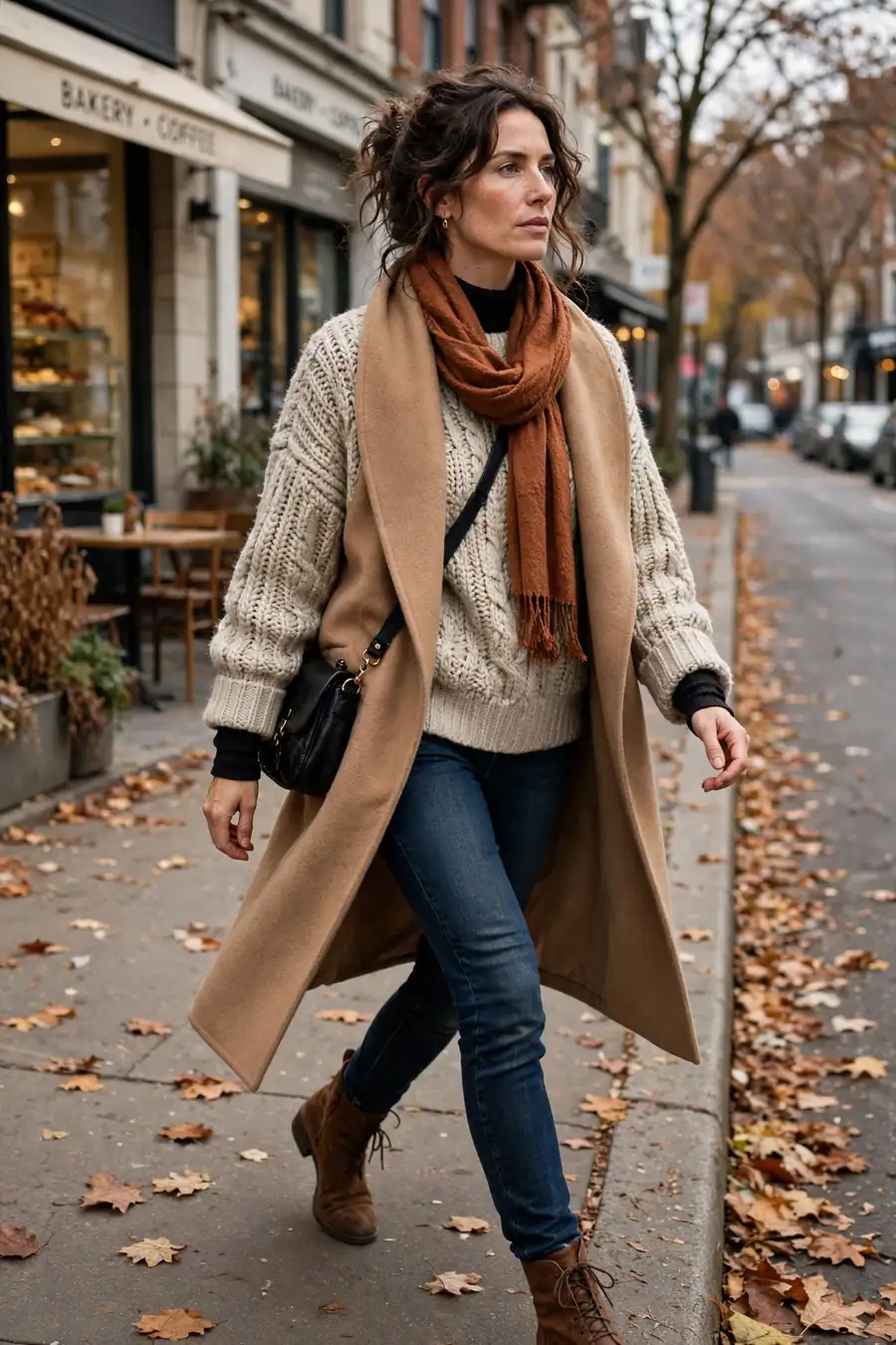 Full three layer fall street style outfit with coat, sweater and scarf in a city setting