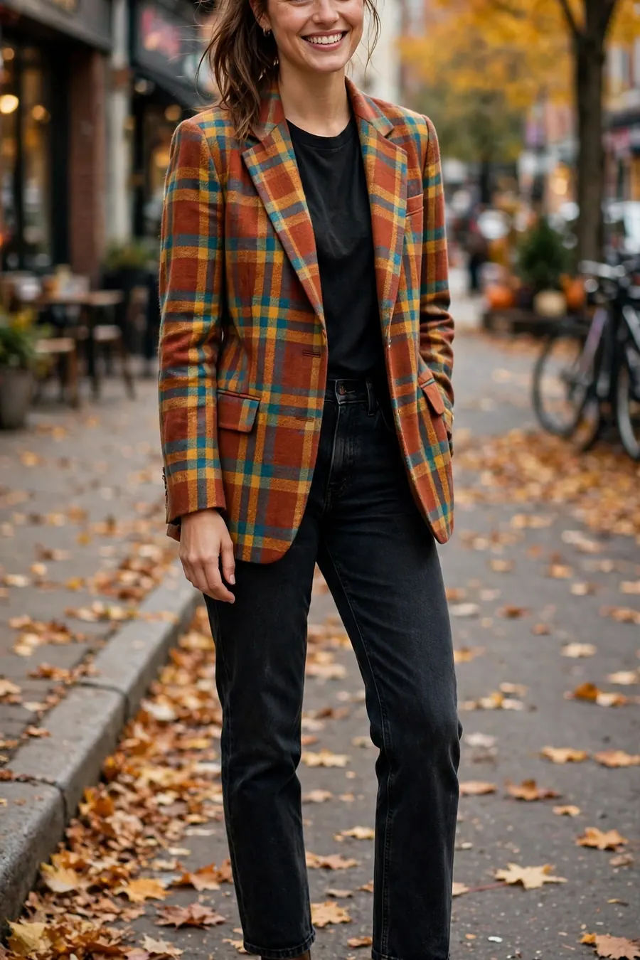 Woman in colorful plaid blazer with dark jeans and boots, fun friendsgiving outfit