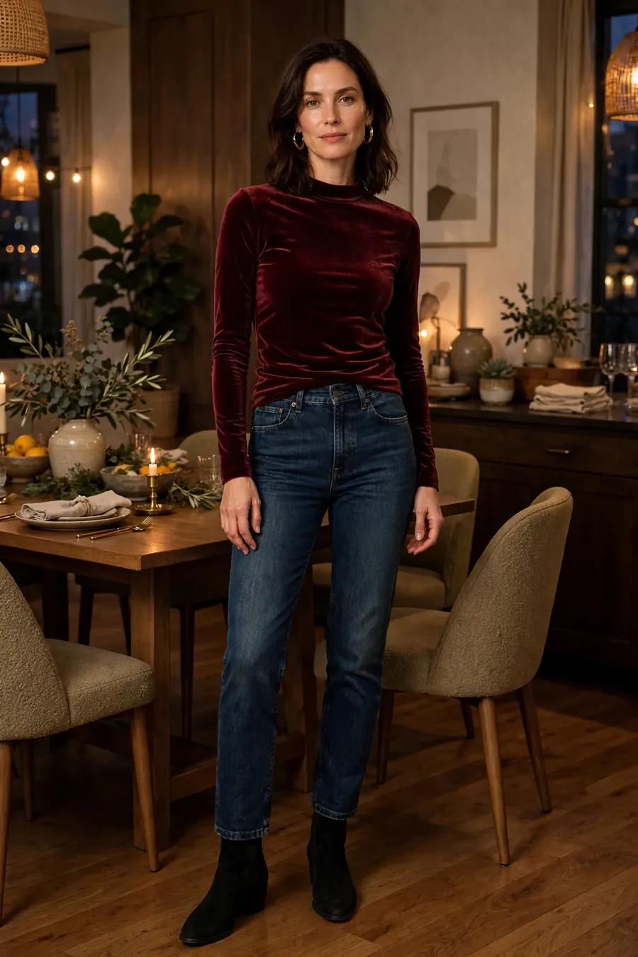 Woman wearing burgundy velvet top with dark jeans, friendsgiving outfit idea