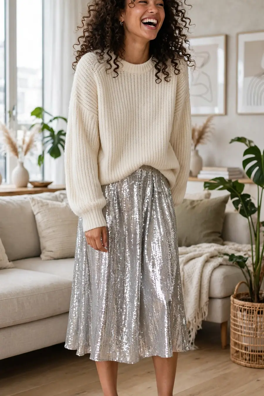 Woman wearing silver sequin midi skirt with white sweater and sneakers, casual friendsgiving outfit