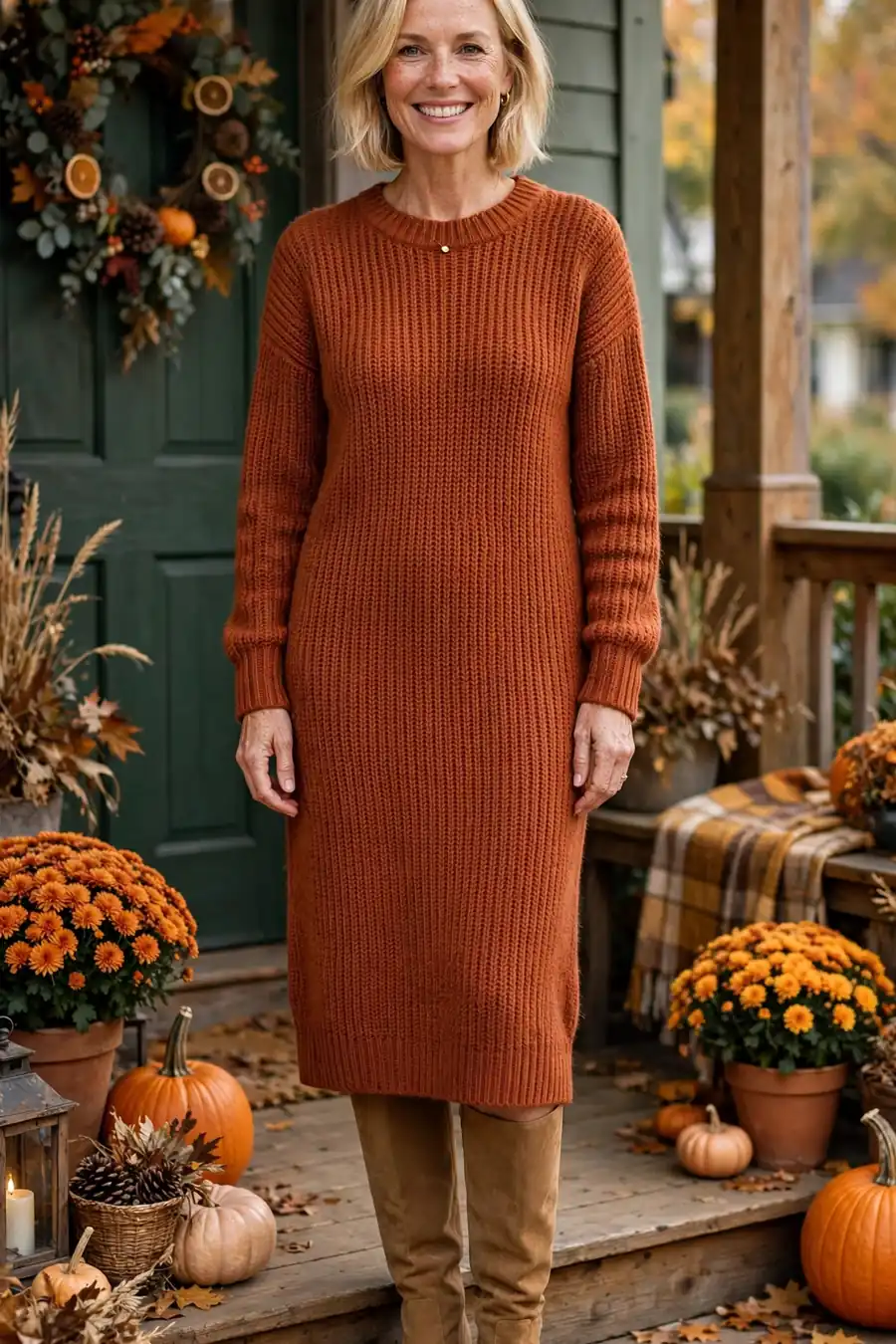 Woman in rust knit sweater dress with tan knee high boots, cozy friendsgiving outfit