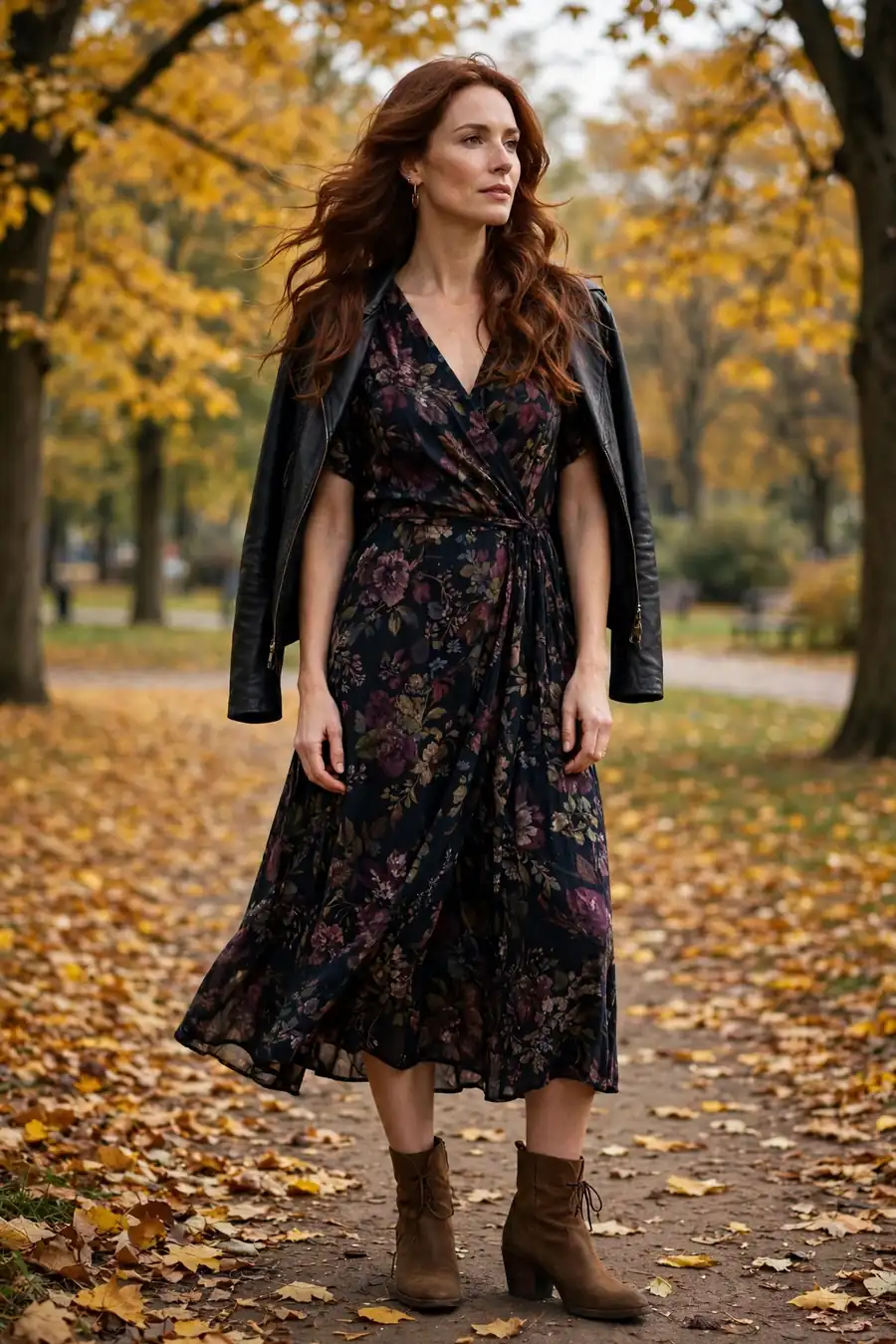 Woman in dark floral midi dress with brown boots, fall friendsgiving outfit