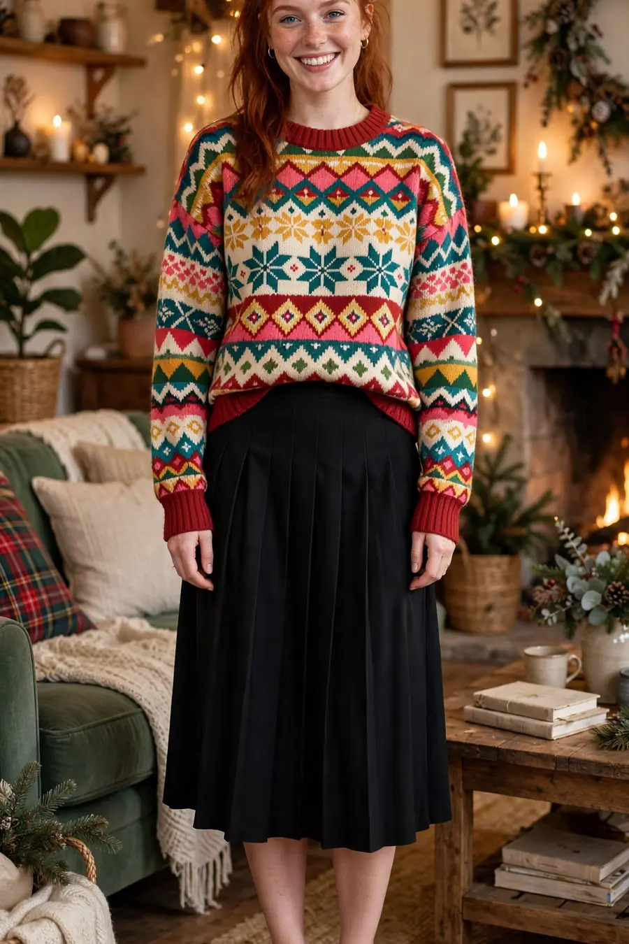 Woman wearing bold patterned sweater with black pleated skirt, fun friendsgiving outfit