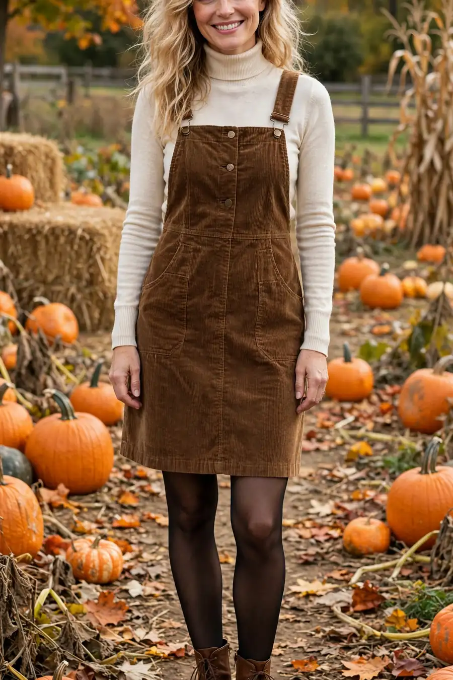 Woman wearing corduroy pinafore dress over cream turtleneck, cozy friendsgiving outfit